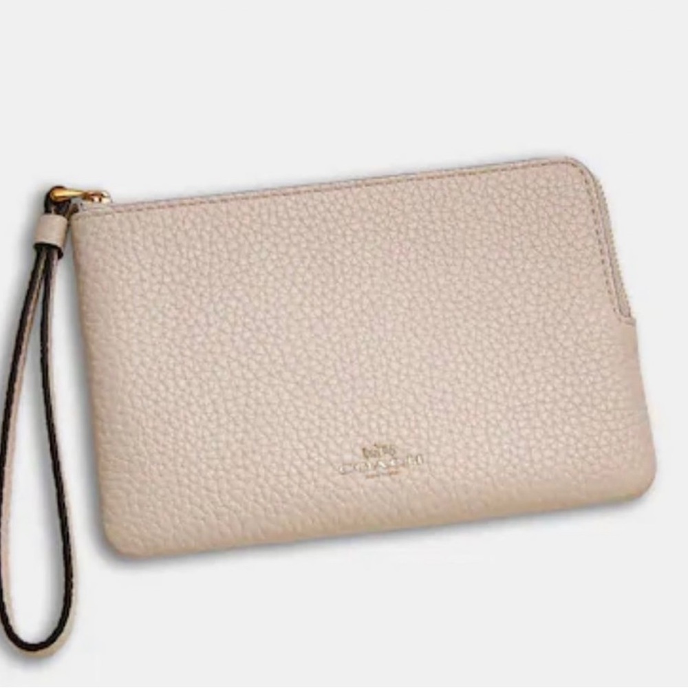 Coach Complimentary Pebble Leather L-Zip Wristlet in Cream